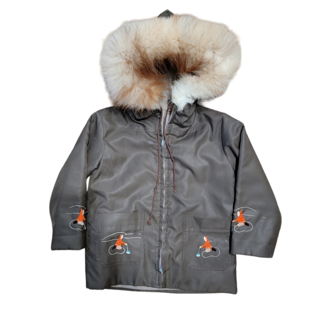 Kids Brown Parka Jacket with Fur-Trim Hood